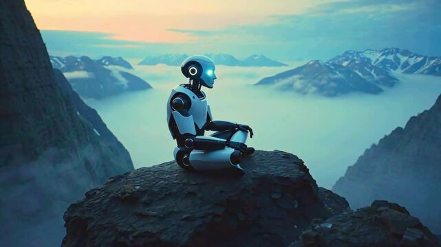 4K Video of transcendent AI Meditation: A futuristic robot sits in a serene yoga pose atop a majestic mountain peak, overlooking a sea of clouds.