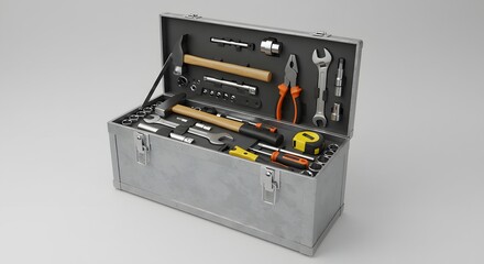 Open Metal Toolbox with Assorted Hand Tools
