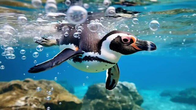 African penguin swimming underwater with bubbles.