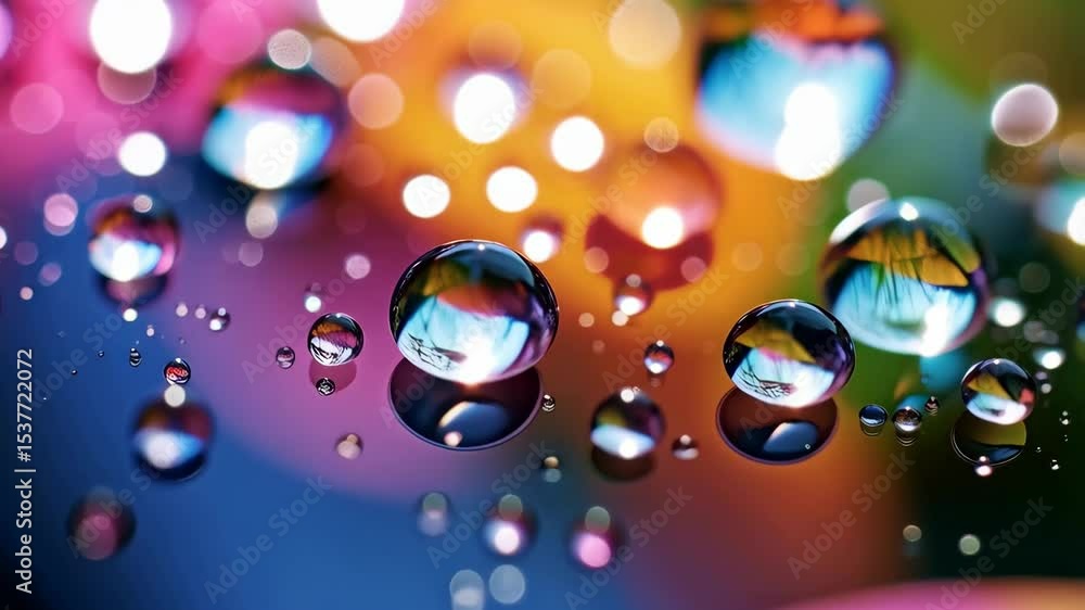Poster abstract close-up of multiple water drops on a colorful surface with reflections and bokeh creating 