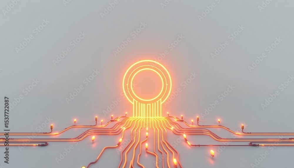 Poster abstract depiction of a circuit board with a bright, glowing element in the center. the interconnect
