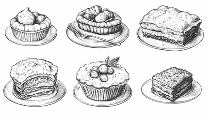 Hand-drawn illustrations of assorted pastries and desserts.