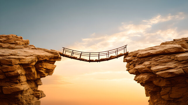 A small, rustic wooden bridge spans a wide chasm between two rugged cliffs under a dramatic sky.
 