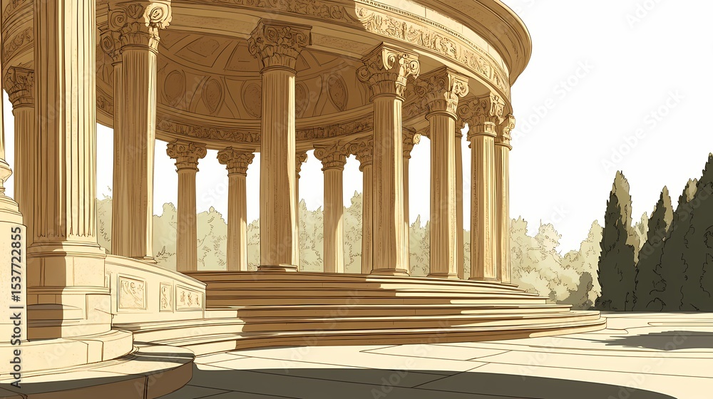 Poster exterior view of a classical-style gazebo with columns and steps.