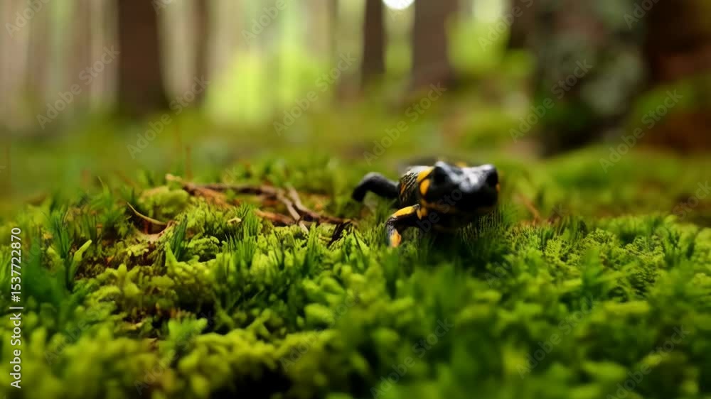 Poster fire salamander crawling through green moss in a lush forest habitat with blurred background trees a