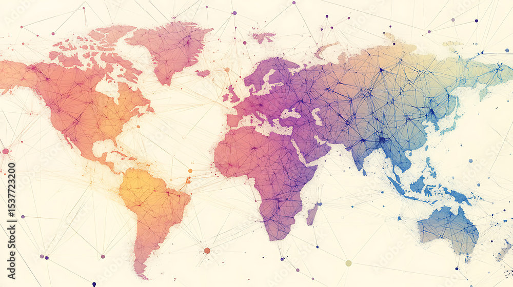 Poster a colorful world map with a lot of lines and dots. the map is very detailed and has a lot of differe