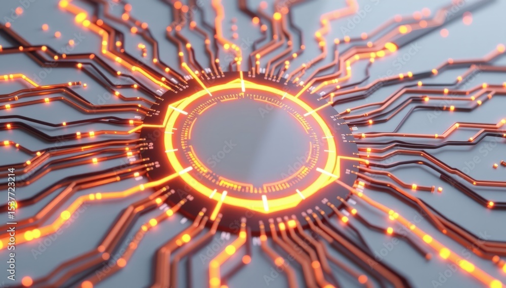 Poster intricate computer circuit board with glowing neon light