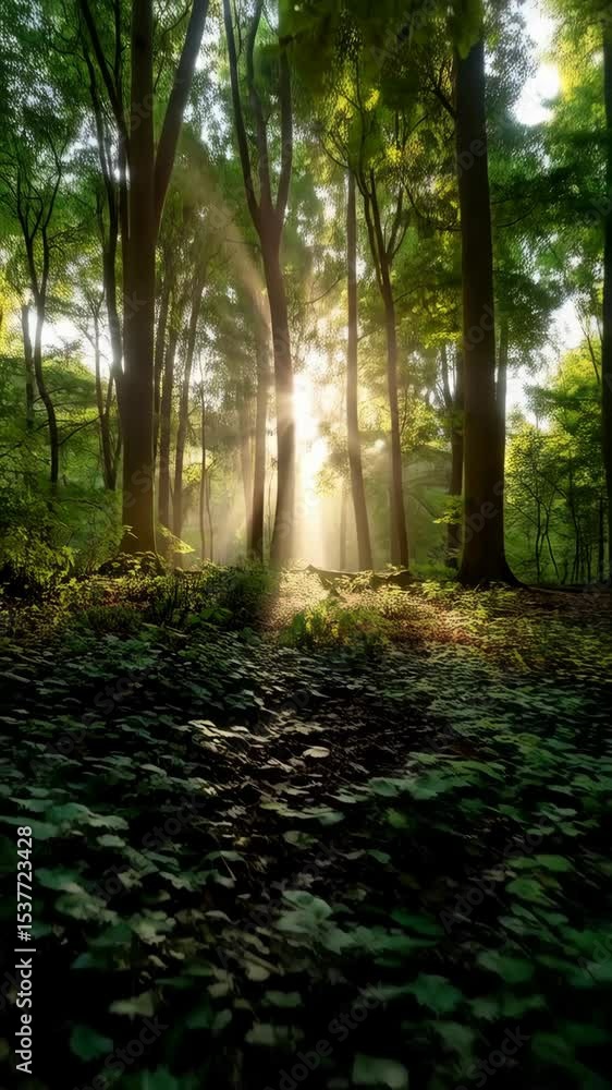 Poster sunlight streams through trees in a dense forest. tall green trees casting shadows onto the forest f