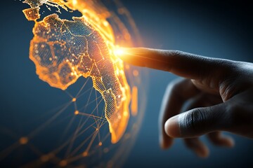 A Finger Touching a Digital Globe Highlighting Africa, Representing Global Technology, Connectivity, Innovation, and International Business Opportunities