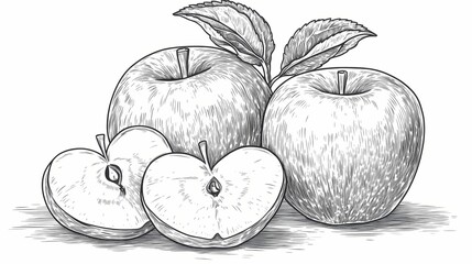 Hand-drawn illustration of apples and  slices.