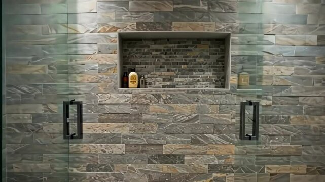 Modern luxurious stone tile walk-in shower interior