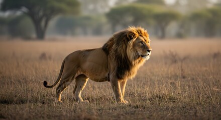 Naklejka premium Lion in Grassy Field