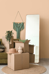 Interior of living room with green sofa, cardboard boxes, houseplant and mirror on moving day