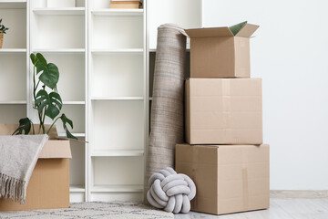 Interior of living room with shelving unit, cardboard boxes, rolled carpet and houseplant on moving...