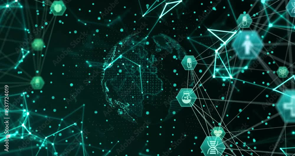 Poster globe emerging from node spark, rotating while pulsing medical icons and lines visualizing data