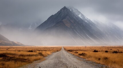 Scenic Icelandic Landscape with Mountain Peak and Winding Gravel Road in Autumn Mist