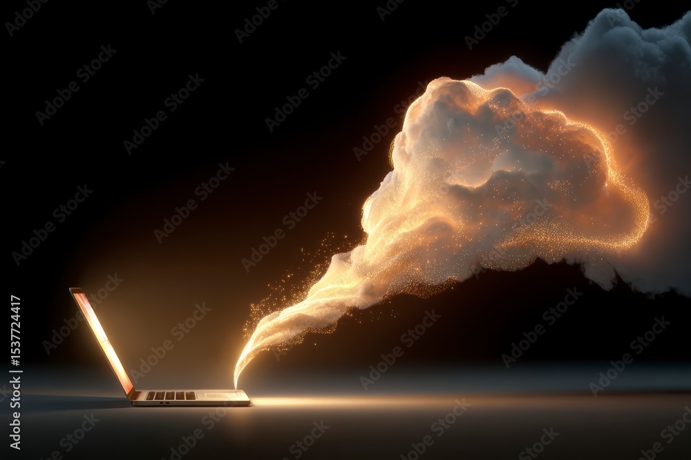 Poster laptop uploading data to cloud digital transformation network server computing