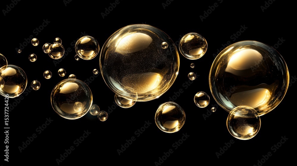 Poster abstract image of golden bubbles floating on a black background.