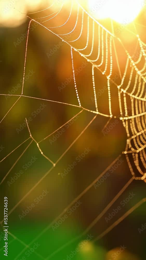 Poster spiderweb glistening with dewdrops illuminated by sunlight in the forest at sunrise, creating bokeh 