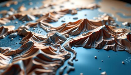 A close-up view of a detailed, topographic map model showing mountains and valleys. The map has a 3D effect and appears realistic