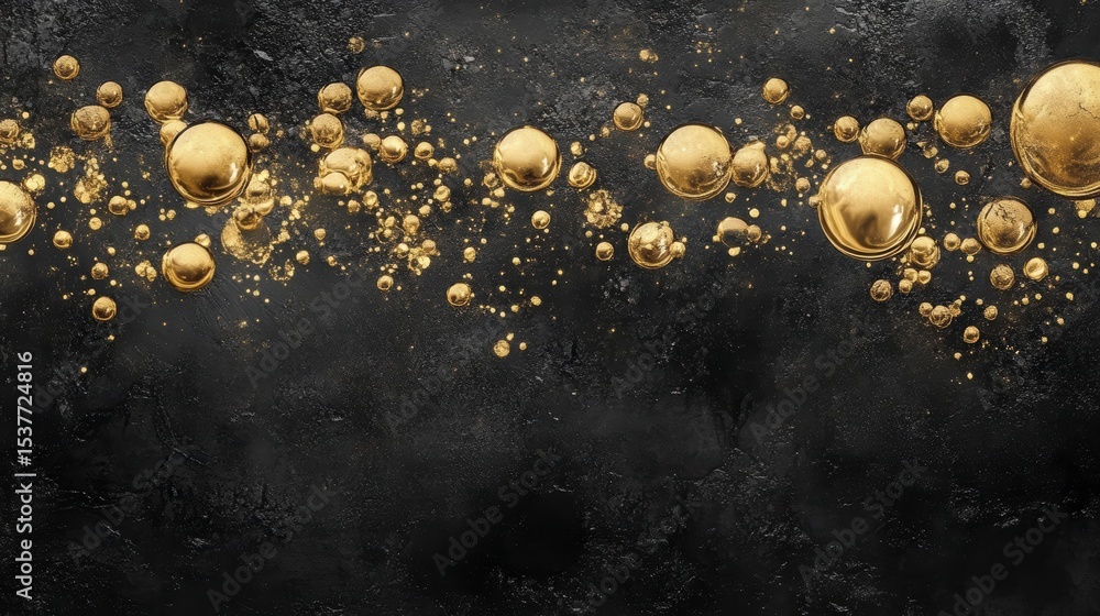 Poster abstract background with golden spheres floating over dark textured surface.