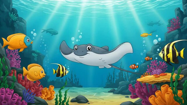 Cartoon Underwater Scene Featuring Gray Stingray with Colorful Fish and Coral Reefs Lit by Sunbeams in a Pixel Art Style