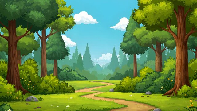 Cartoon Forest Path Landscape with Green Trees Under a Blue Sky Illustration