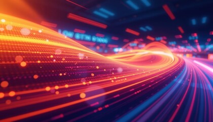 Vibrant glowing lines create dynamic motion in a digital display. The image showcases bright, flowing energy with light trails across the dark background. 