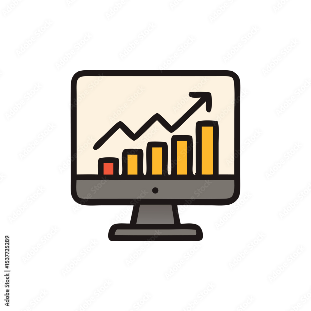 Poster computer monitor displaying a rising bar graph with an upward trending arrow, indicating growth.