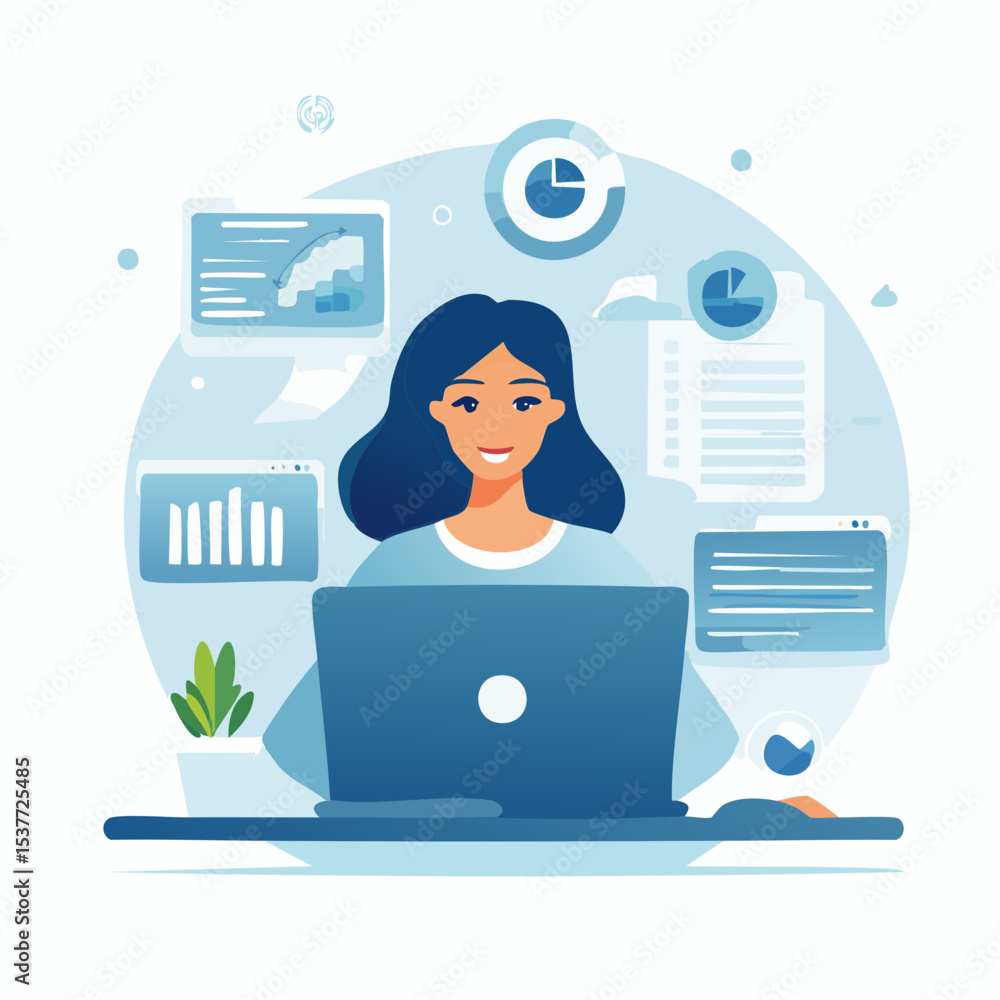 Fototapete woman working on laptop with data analysis graphics and charts in a modern office setting