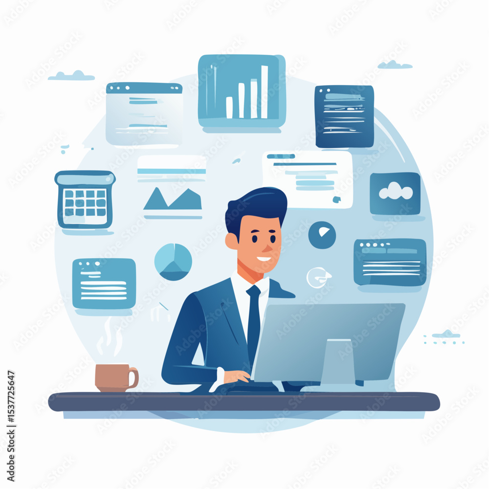 Poster businessman working on computer with various data and charts illustrations in a modern design