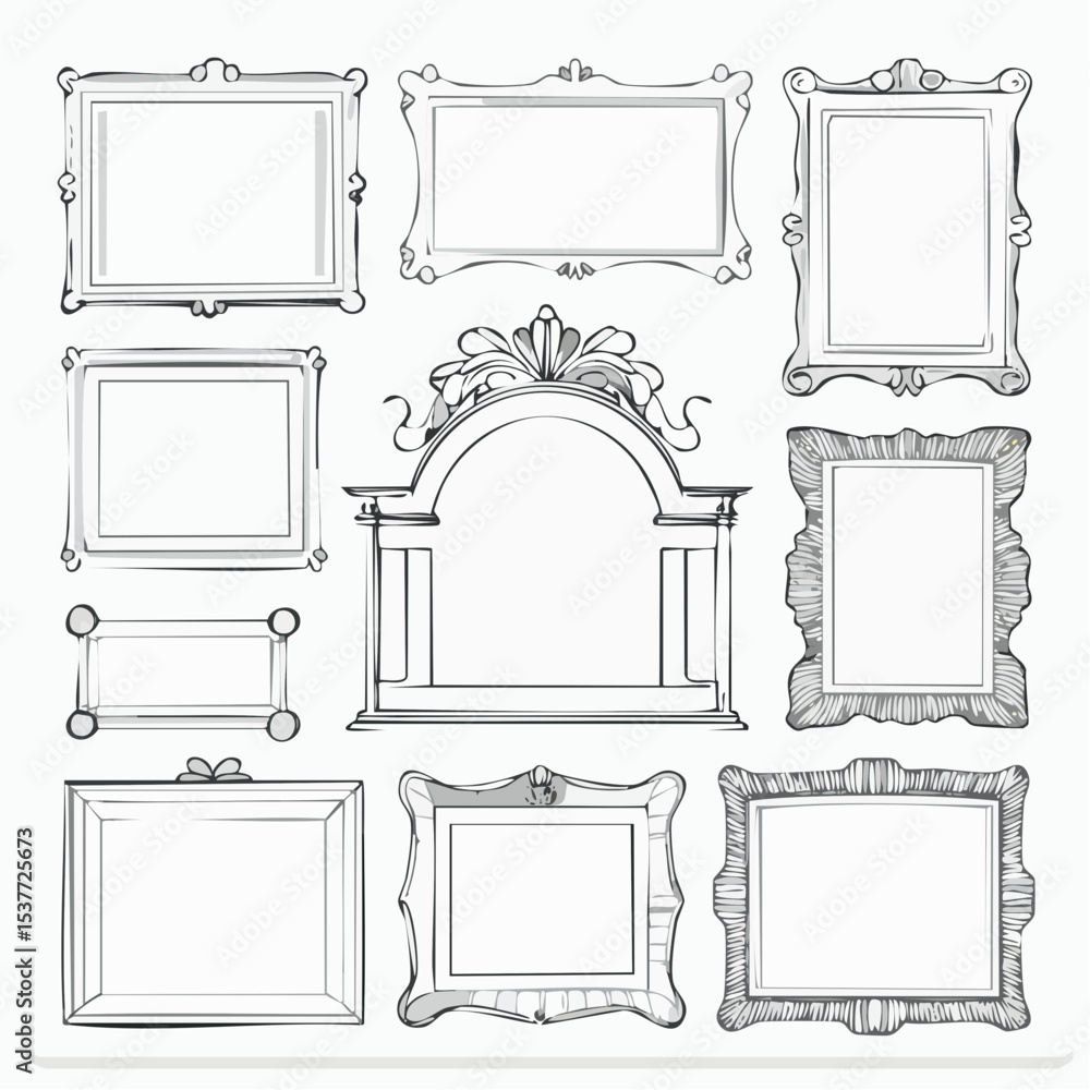Poster collection of elegant and ornate empty picture frames in a hand-drawn sketch style.