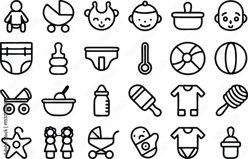 Poster childcare and parenting icon set outline linear style isolated on transparent background