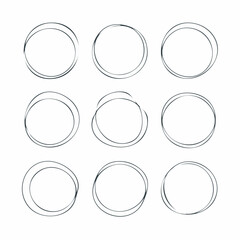Abstract vector illustration of nine hand-drawn circles with overlapping lines on white