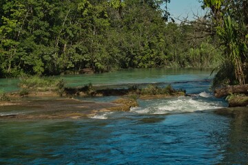 Agua Azul Waterfalls in Chiapas, Mexico — vibrant turquoise cascades flowing through lush jungle, a natural wonder of southern Mexico.