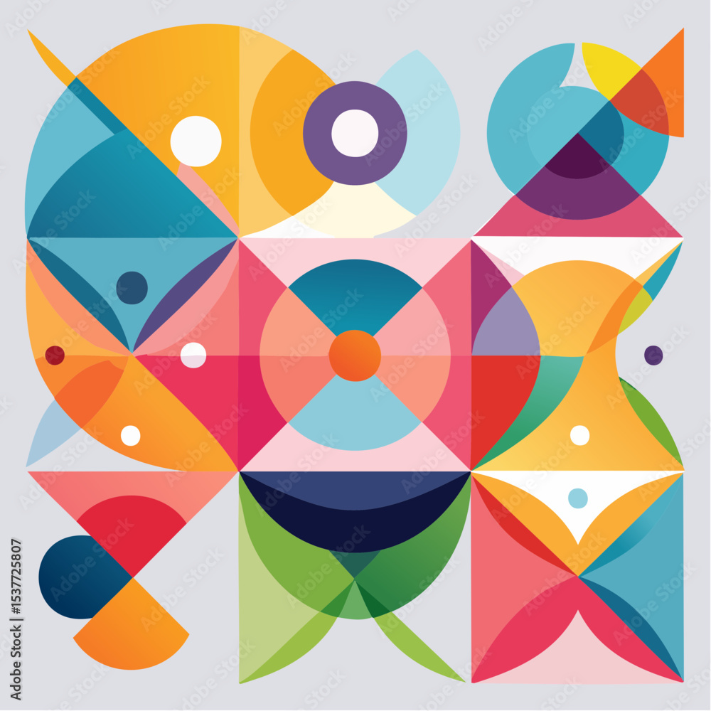 Poster colorful abstract geometric design with overlapping shapes and vibrant color palette on a square