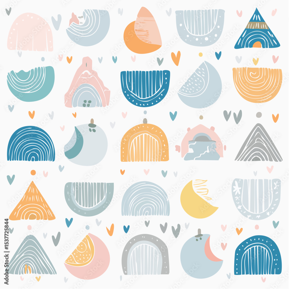 Aufkleber colorful abstract shapes pattern with hearts on a white background in a flat design style