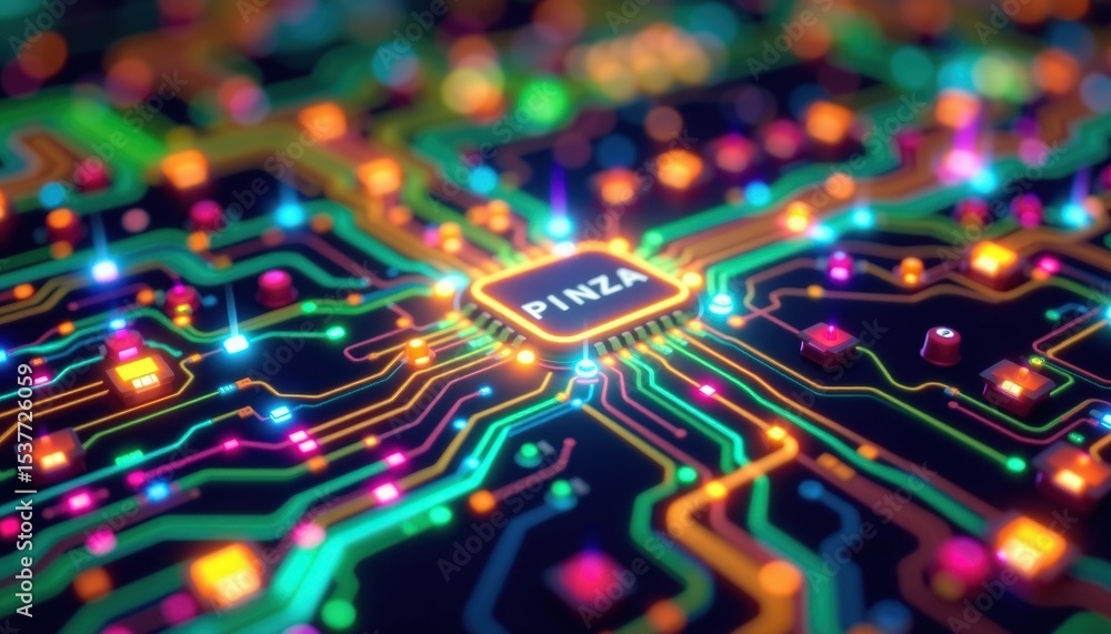 Poster a close-up shot of a computer chip, its intricate circuits illuminated with vibrant colors