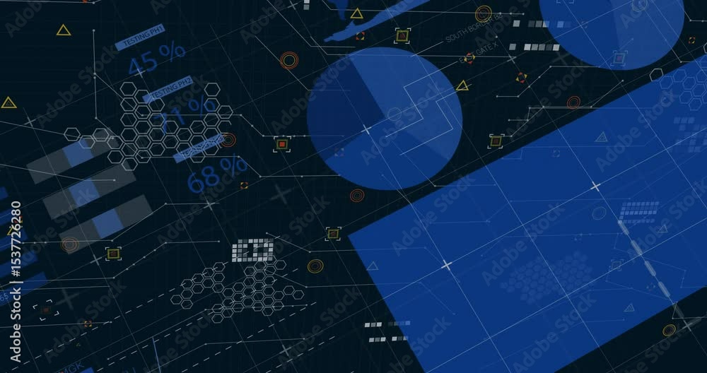 Poster opening interface animating table, gauge, tilting bars, sliding circles, forming map showing data
