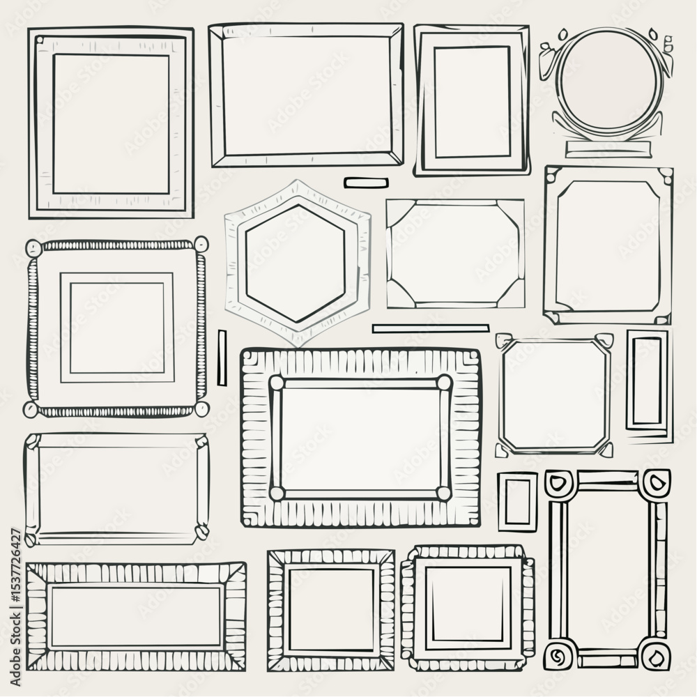 Poster hand-drawn collection of various picture frames in a doodle style on a light background