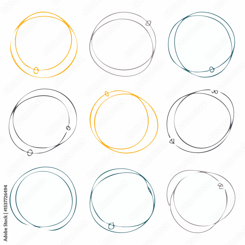 Poster nine abstract hand-drawn circular frames in various colors arranged on a white background