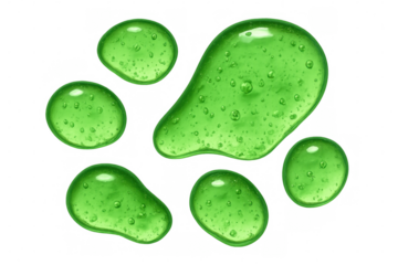 Green gel drops with bubbles, displaying transparent background, rendering glossy texture suitable for cosmetic packaging design