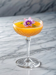 Elegant Tropical Yellow Cocktail with Edible Flower Garnish in a Crystal Coupe Glass

