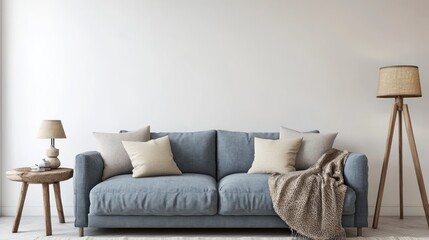 Cozy living room featuring a blue sofa, wood side table, and a wicker lamp