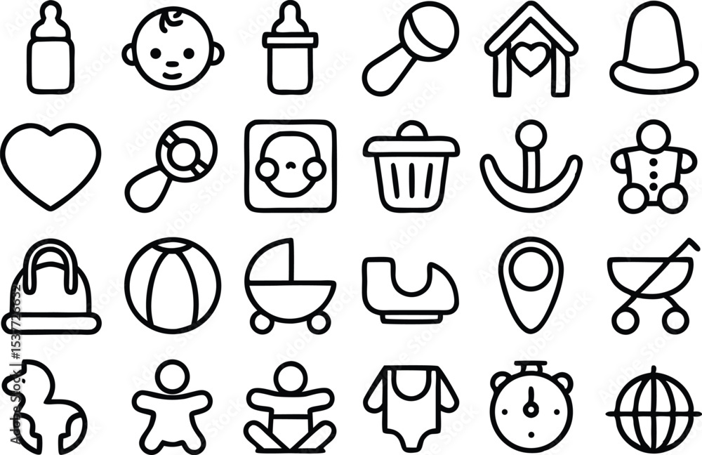 Poster childcare and parenting icons set outline style linear design isolated on transparent background