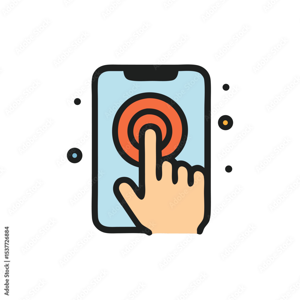 Poster hand touching a screen on a mobile phone with a red target graphic.
