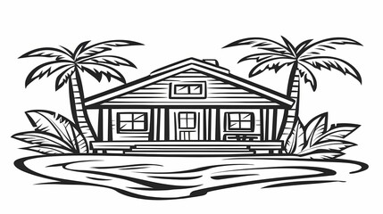Obraz premium A rustic beachfront cottage nestled amidst tropical foliage.