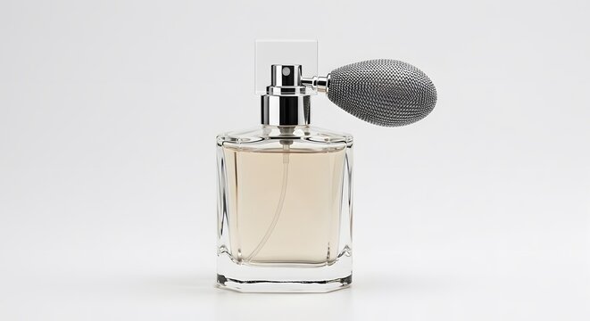 Elegant Perfume Bottle Still Life Aromatic Fragrance in a Glass Container with Vaporizer on White Background