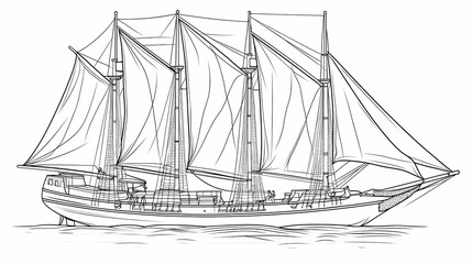 Detailed line drawing of a sailing vessel.