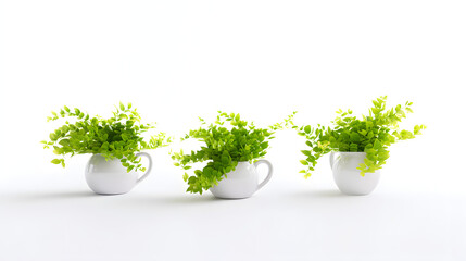 Fototapeta premium Three ceramic pots with lush green plants, minimalist and natural aesthetic